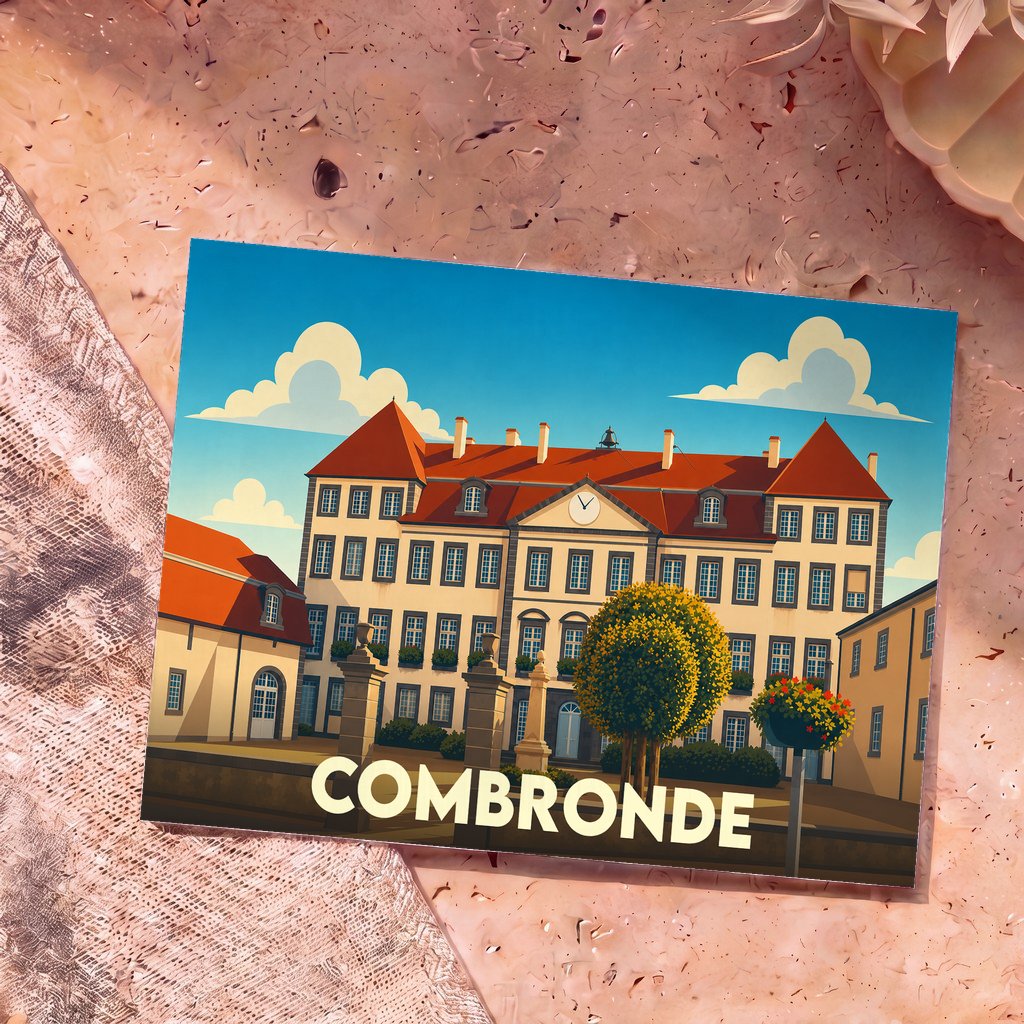 Carte postale souvenir de la ville de Combronde avec une illustration stylisée de son hôtel de ville.
