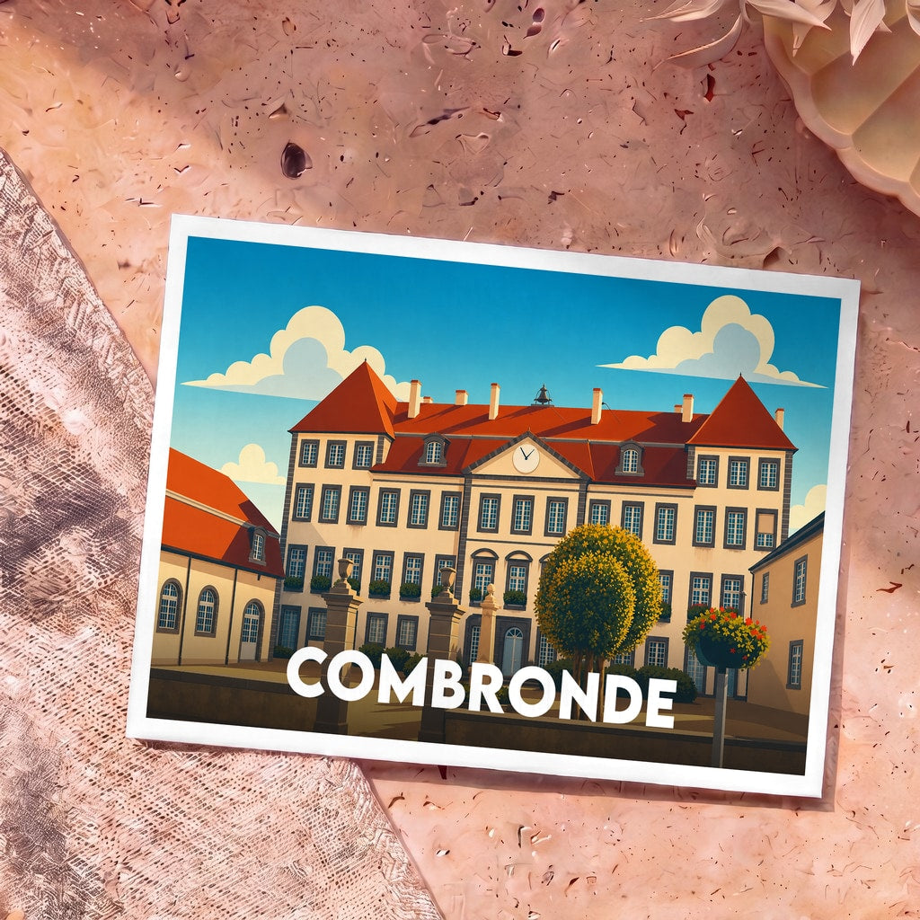 Carte postale souvenir de la ville de Combronde avec une illustration stylisée de son hôtel de ville.