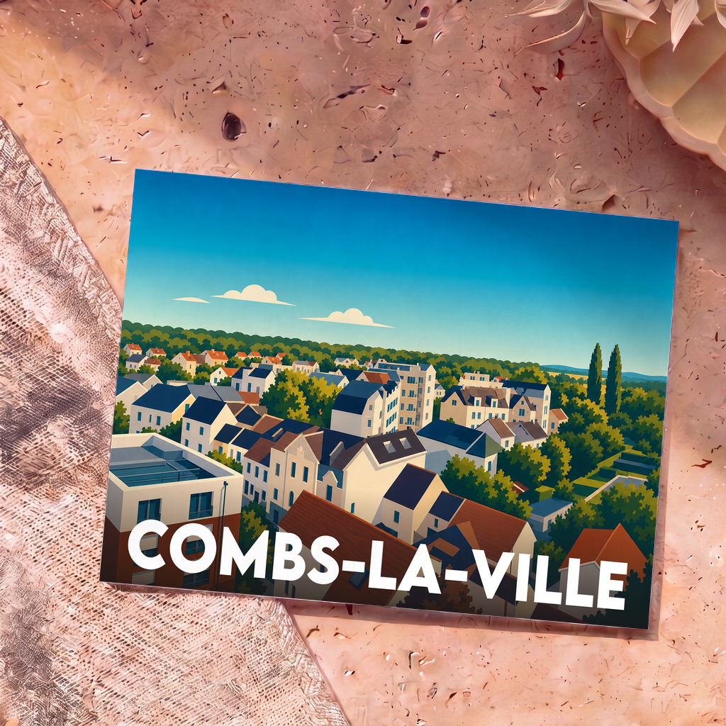 Carte postale souvenir de la ville de Combs-la-Ville avec une illustration stylisée et colorée.