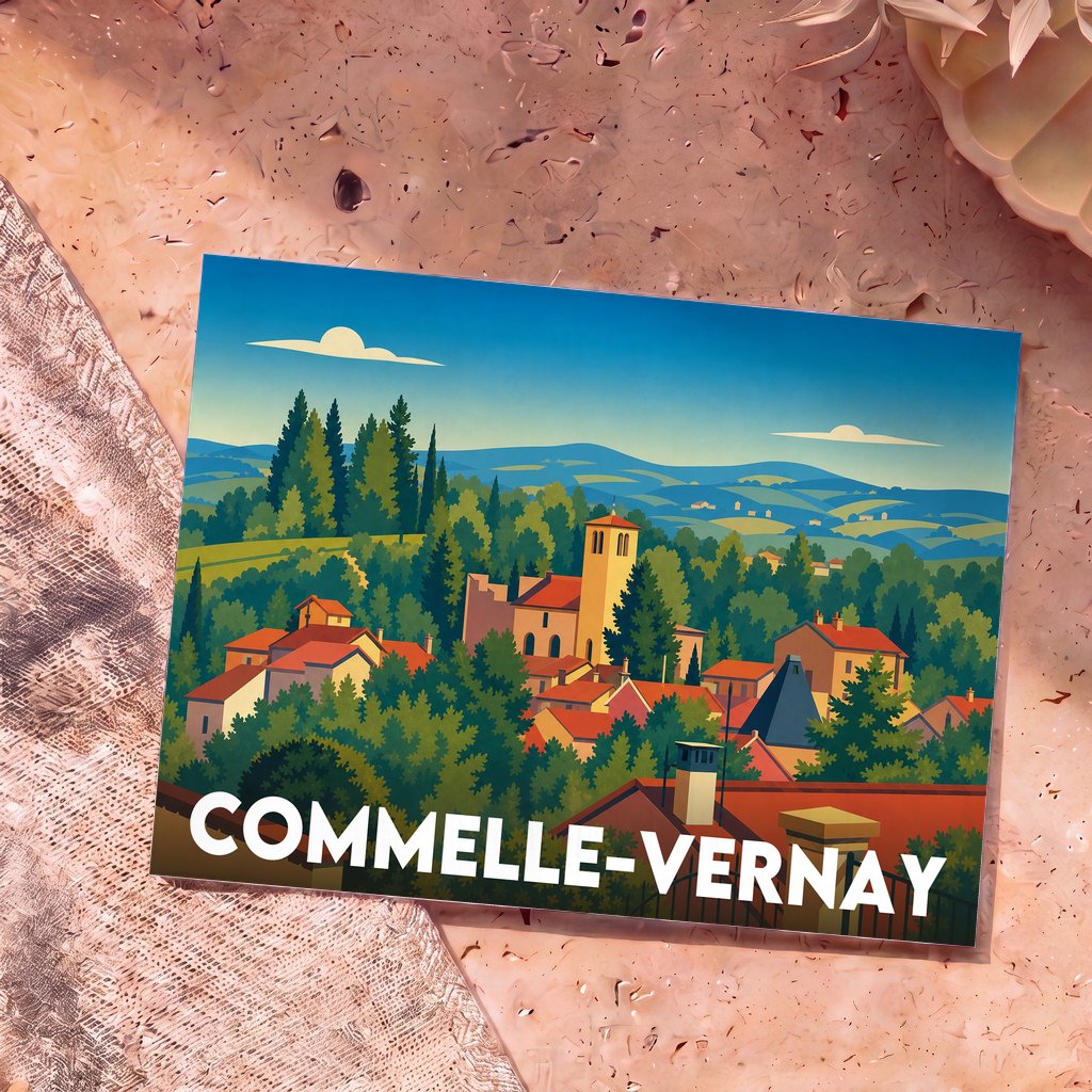 Carte postale souvenir de la ville de Commelle-Vernay avec une illustration paysagère stylisée.