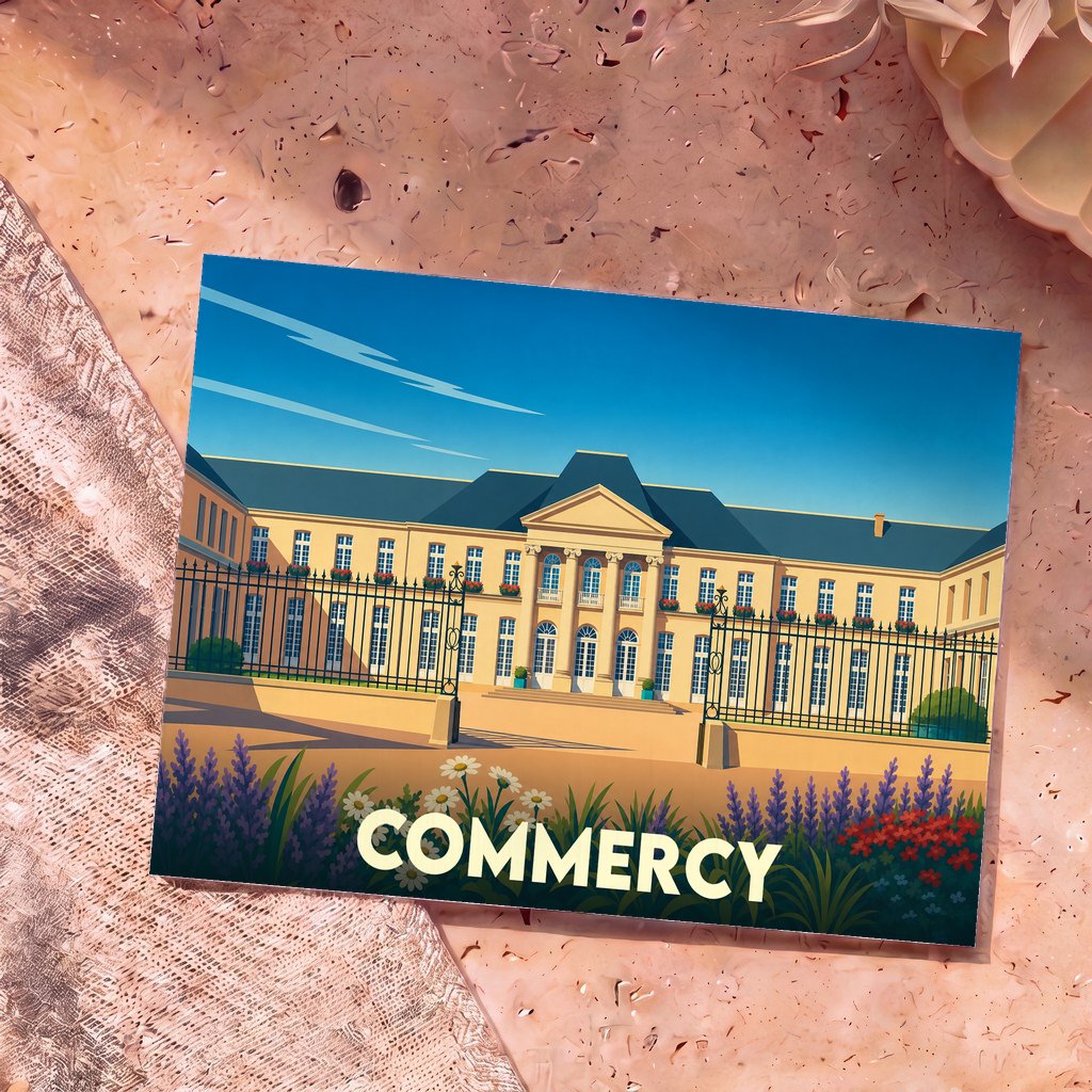 Carte postale souvenir de la ville de Commercy avec une illustration stylisée de son château.