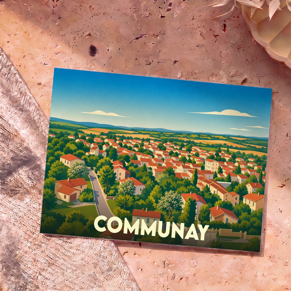 Carte postale souvenir de la ville de Communay avec une illustration paysagère stylisée.