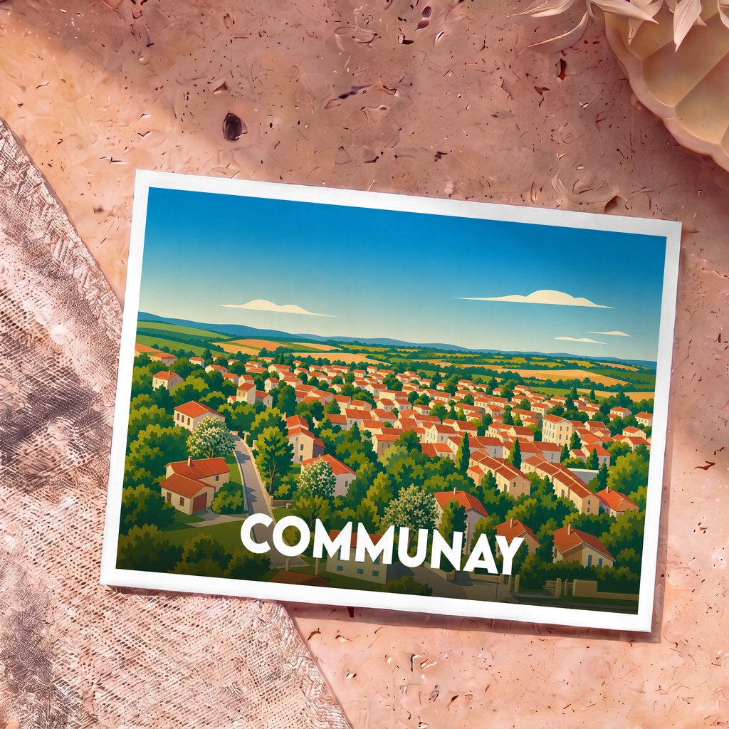 Carte postale souvenir de la ville de Communay avec une illustration paysagère stylisée.