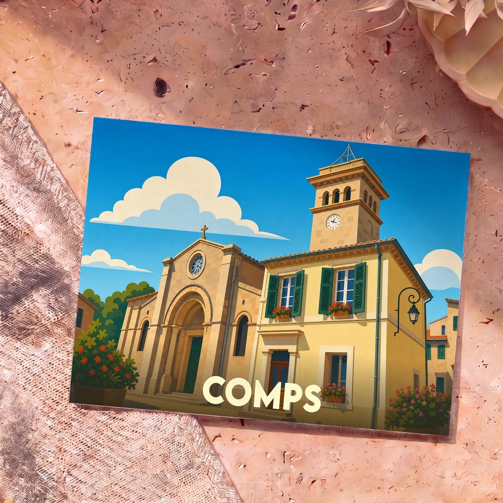 Carte postale souvenir de la ville de Comps avec une illustration stylisée de son église et de son clocher.