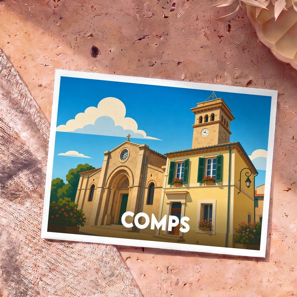 Carte postale souvenir de la ville de Comps avec une illustration stylisée de son église et de son clocher.