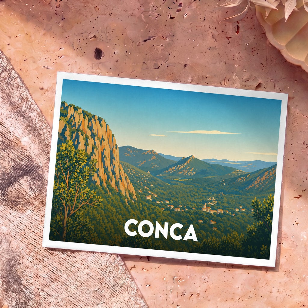 Carte postale souvenir de la ville de Conca avec une illustration stylisée d'un paysage montagneux.