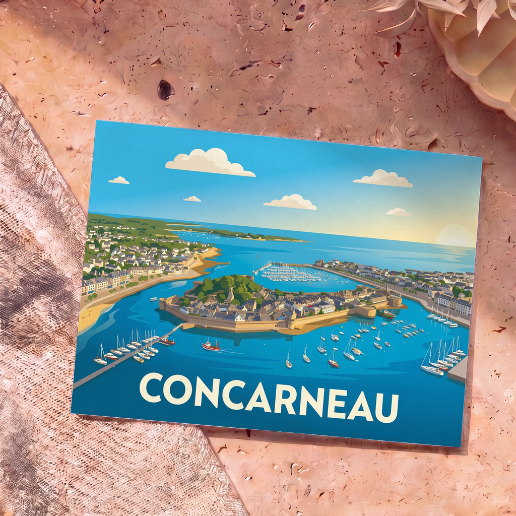 Carte postale souvenir de la ville de Concarneau illustrée d'une vue aérienne stylisée du port et de la Ville Close.