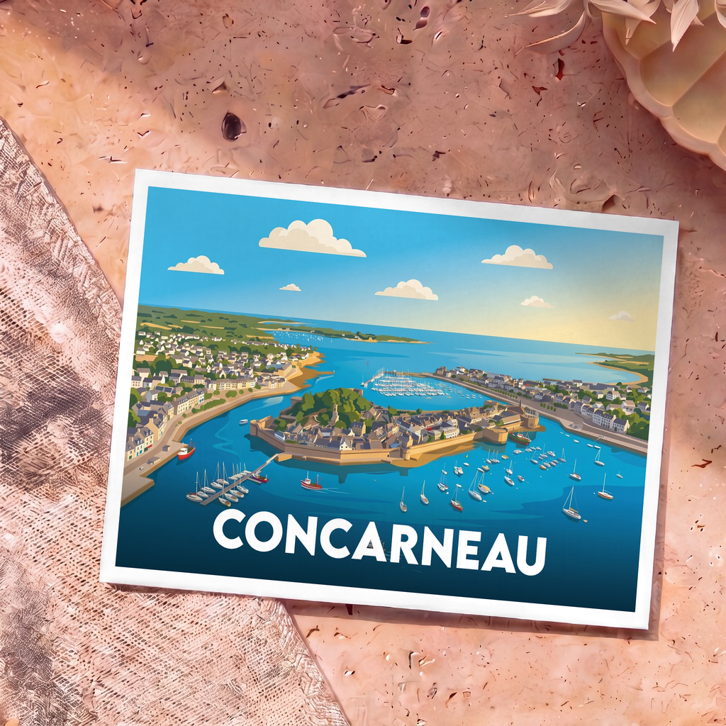 Carte postale souvenir de la ville de Concarneau illustrée d'une vue aérienne stylisée du port et de la Ville Close.