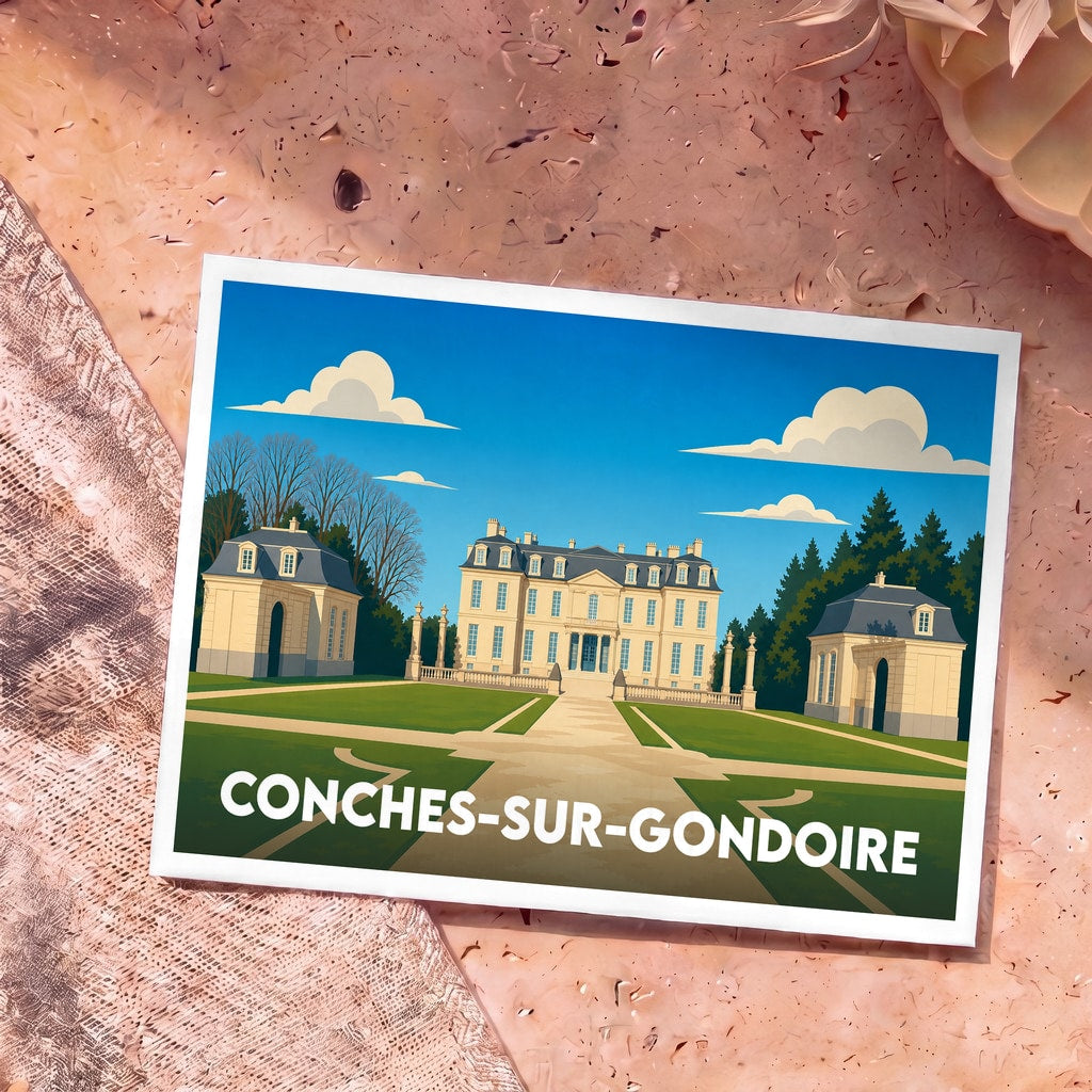 Carte postale souvenir de la ville de Conches-sur-Gondoire avec une illustration stylisée d'un château.