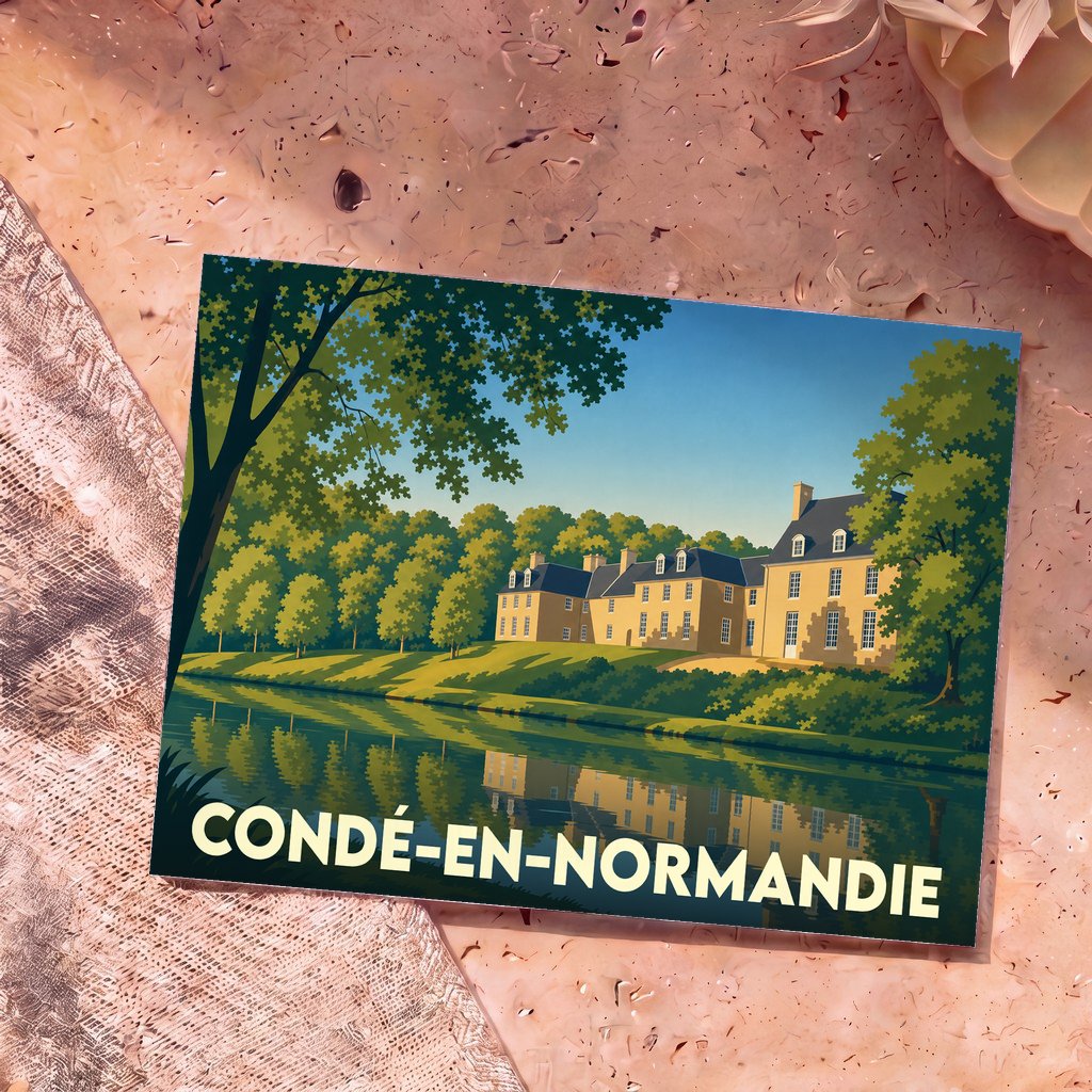 Carte postale souvenir de la ville de Condé-en-Normandie illustrant un manoir au bord de l'eau.