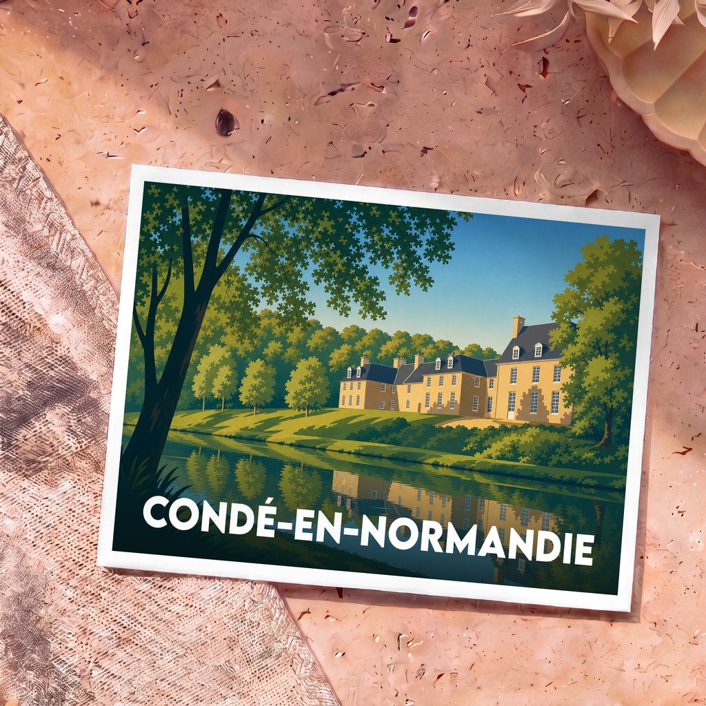 Carte postale souvenir de la ville de Condé-en-Normandie illustrant un manoir au bord de l'eau.