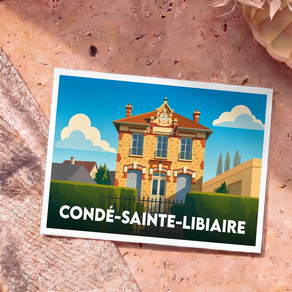 Carte postale souvenir de la ville de Condé-Sainte-Libiaire avec une illustration stylisée de sa mairie.