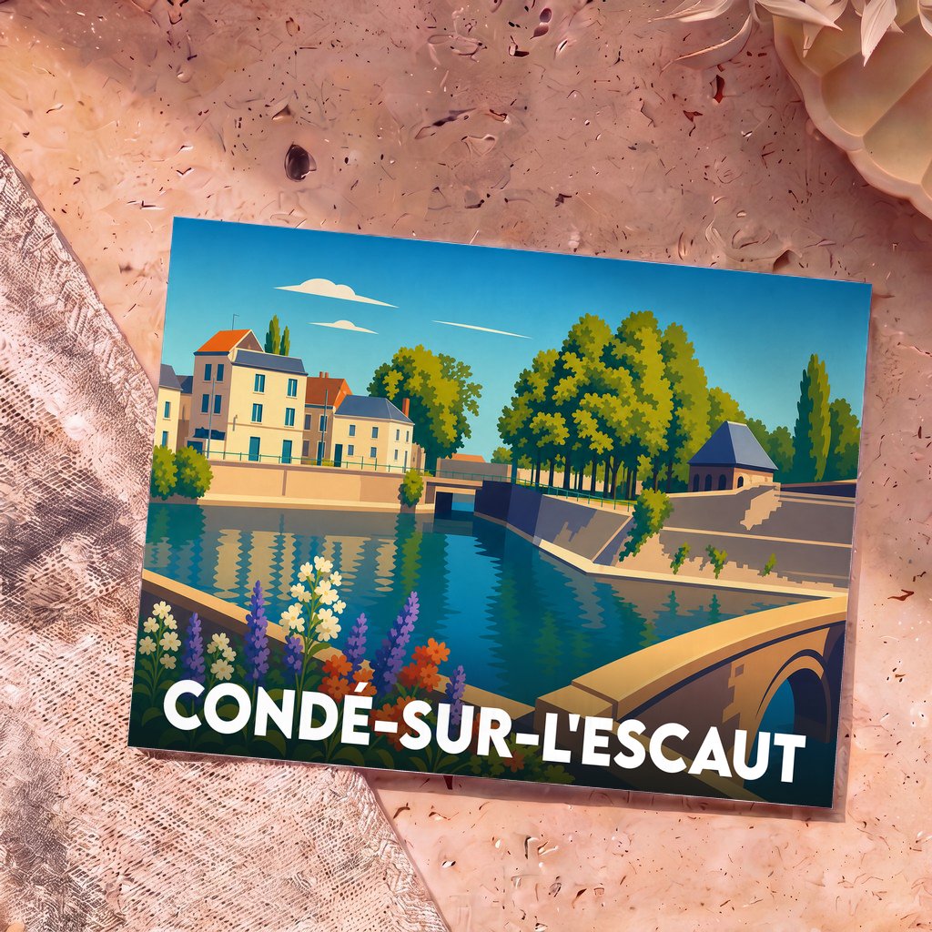 Carte postale souvenir de la ville de Condé-sur-l'Escaut avec une illustration stylisée de ses quais et canaux.