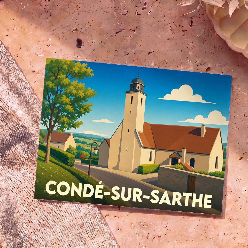 Carte postale souvenir de la ville de Condé-sur-Sarthe avec une illustration stylisée de son église.