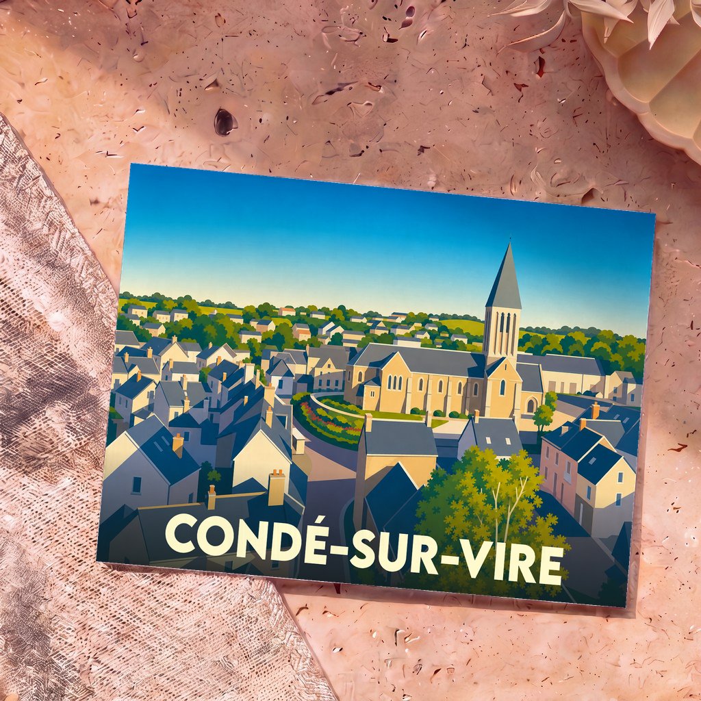 Carte postale souvenir de la ville de Condé-sur-Vire avec une illustration stylisée.