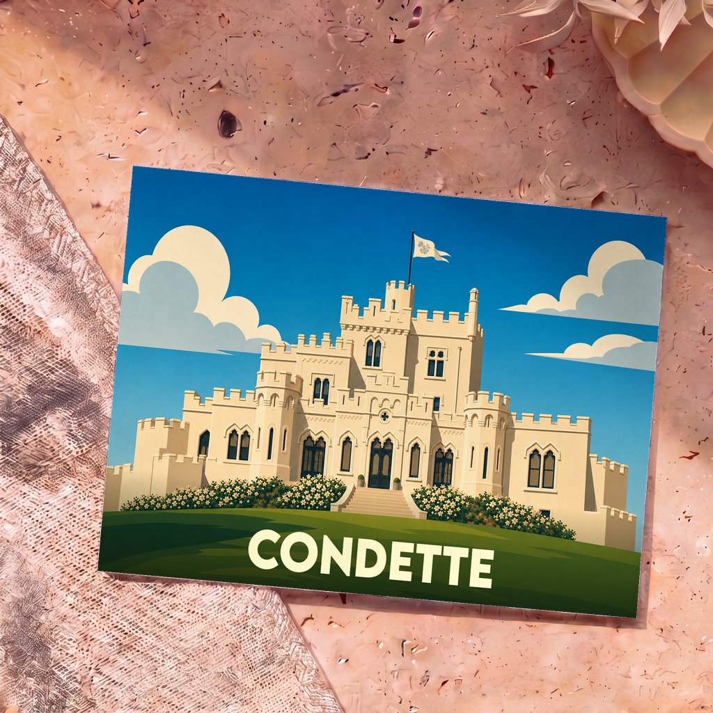 Carte postale souvenir de la ville de Condette avec une illustration stylisée de son château.