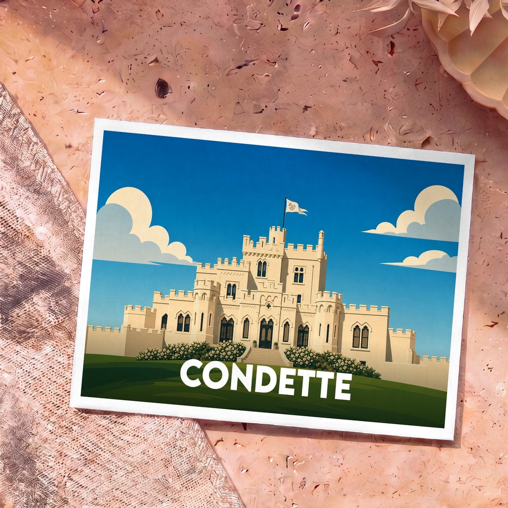 Carte postale souvenir de la ville de Condette avec une illustration stylisée de son château.