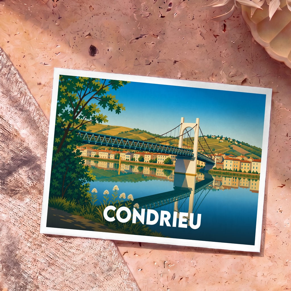 Carte postale souvenir de la ville de Condrieu illustrant son pont suspendu et ses vignobles dans un style graphique épuré.