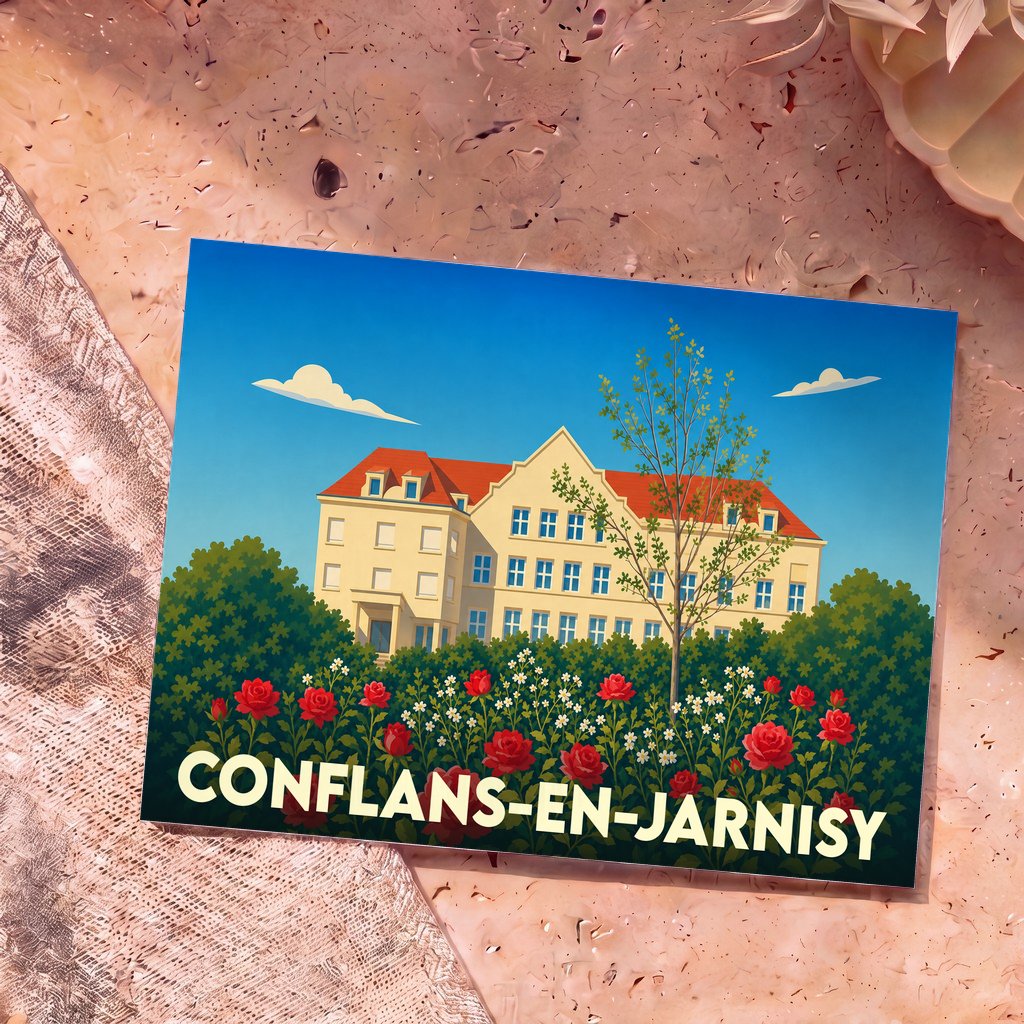 Carte postale souvenir de la ville de Conflans-en-Jarnisy avec une illustration colorée et stylisée de son château.