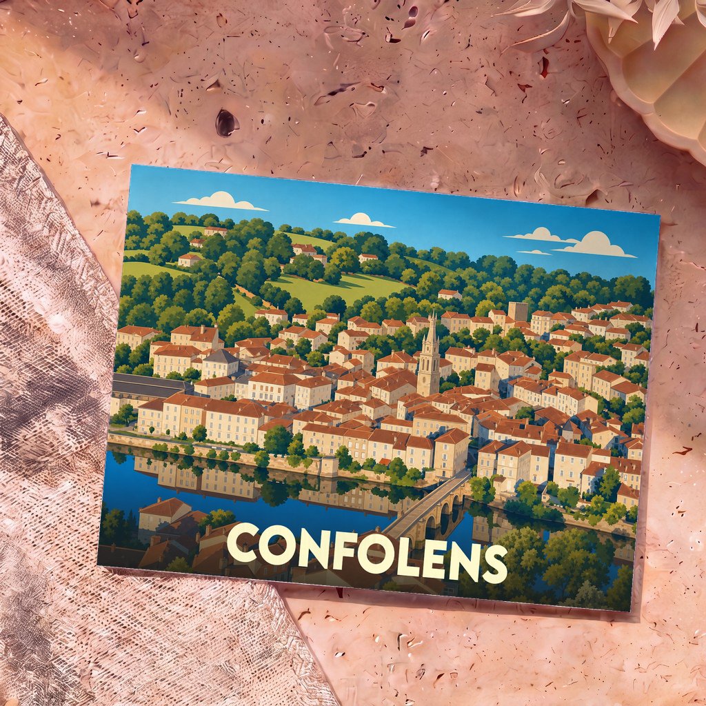 Carte postale souvenir de la ville de Confolens avec une illustration colorée et stylisée de ses toits au bord de la rivière.