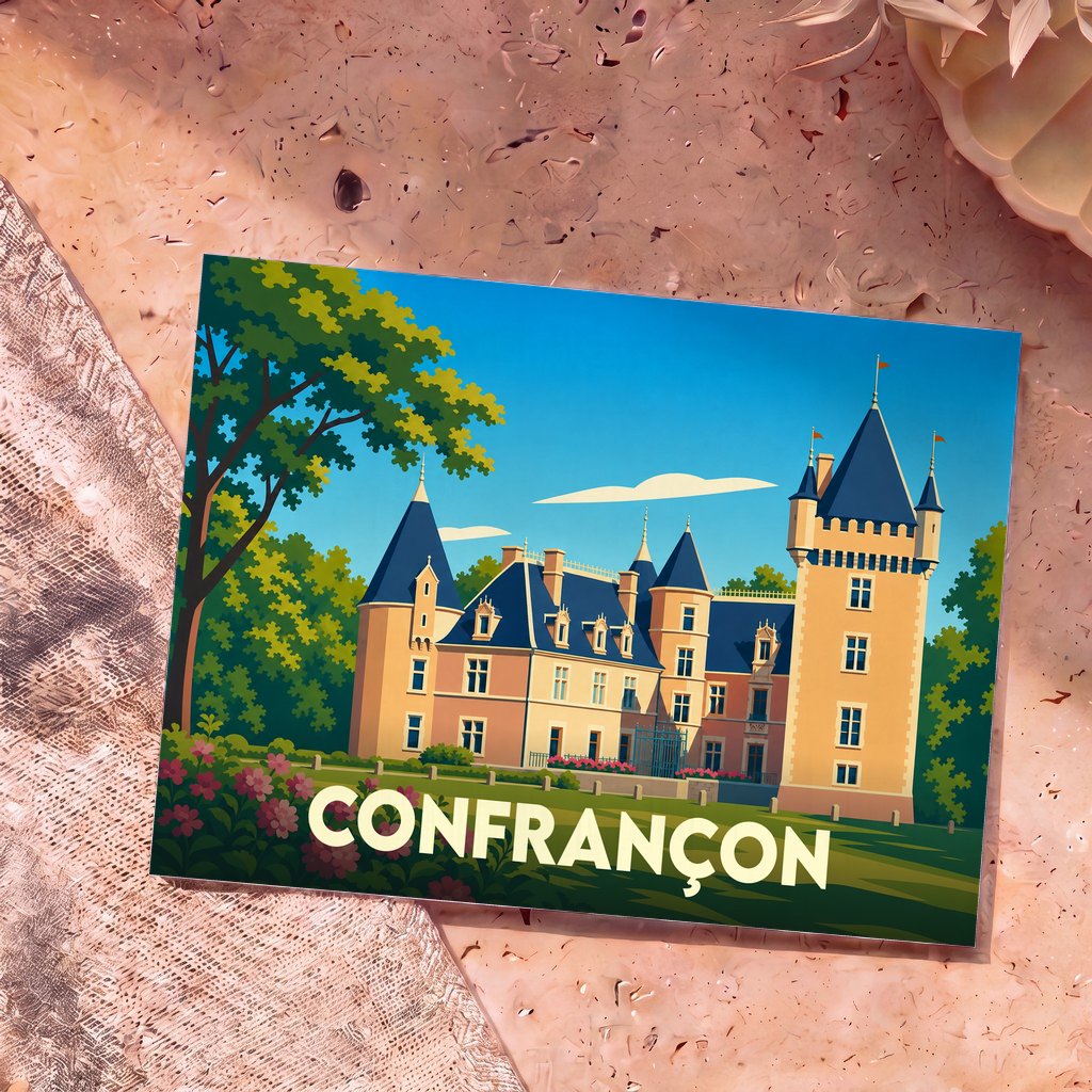 Carte postale souvenir de la ville de Confrançon avec une illustration stylisée d'un château.