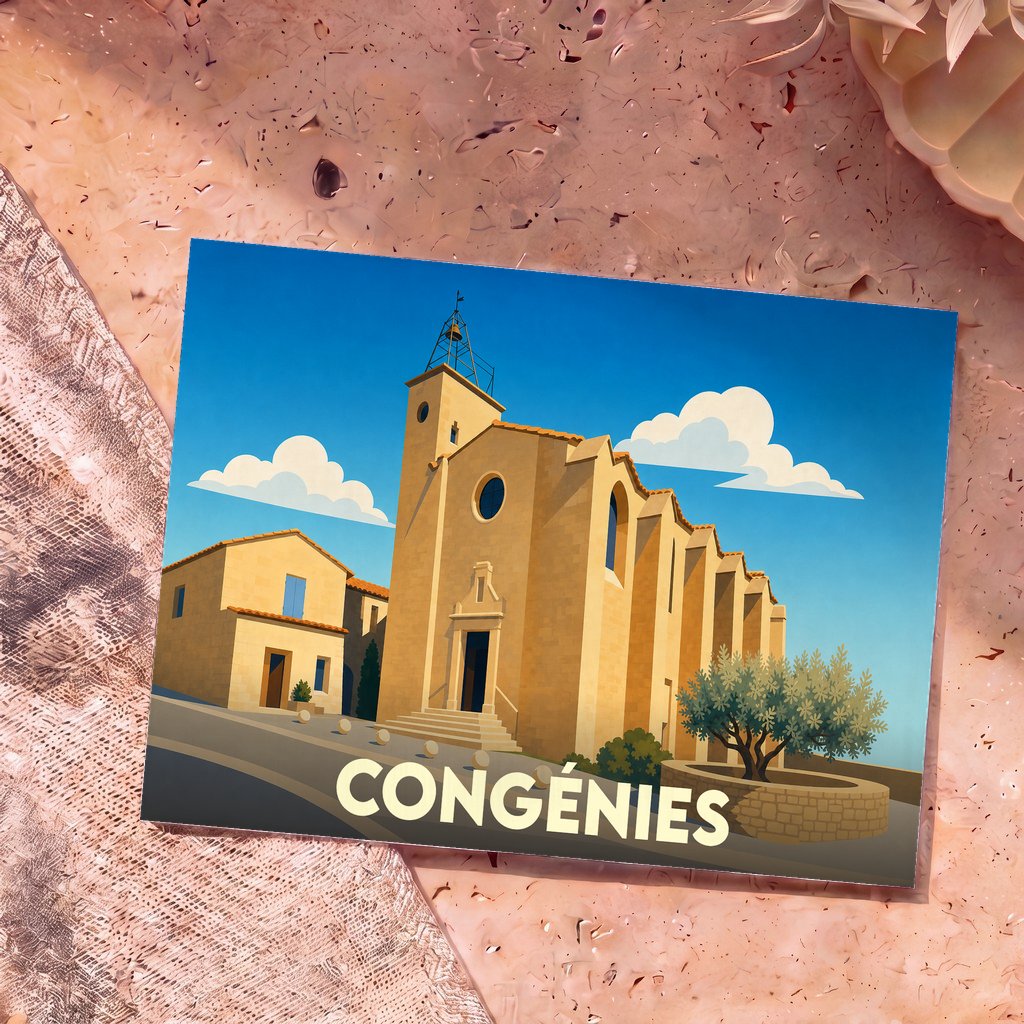 Carte postale souvenir de la ville de Congénies avec une illustration stylisée de son église sous un ciel bleu.