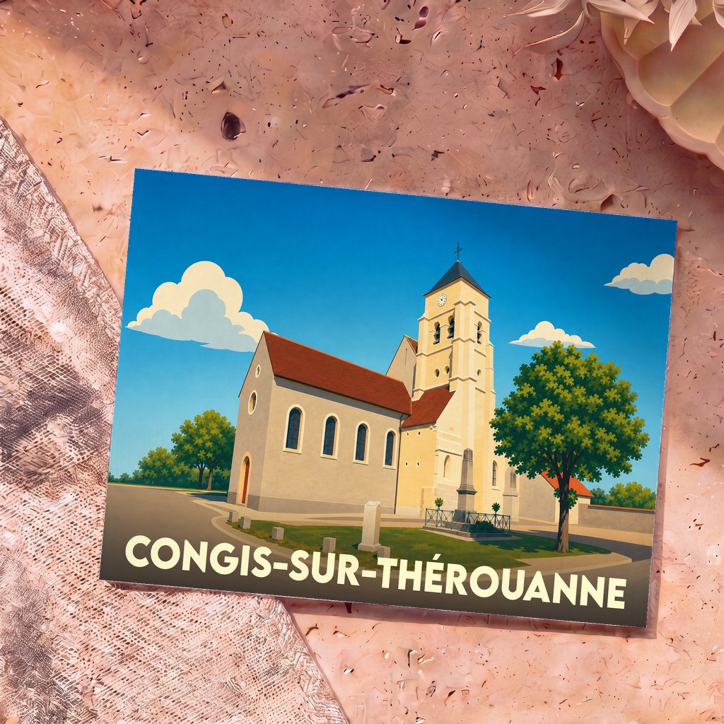 Carte postale souvenir de la ville de Congis-sur-Thérouanne illustrant son église dans un style graphique épuré.