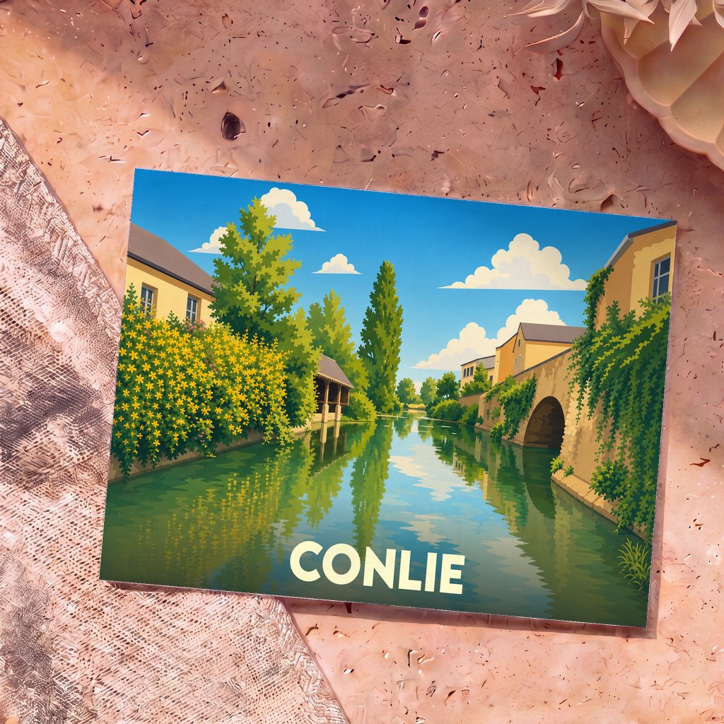 Carte postale souvenir de la ville de Conlie illustrant un canal paisible bordé de verdure et de maisons anciennes.