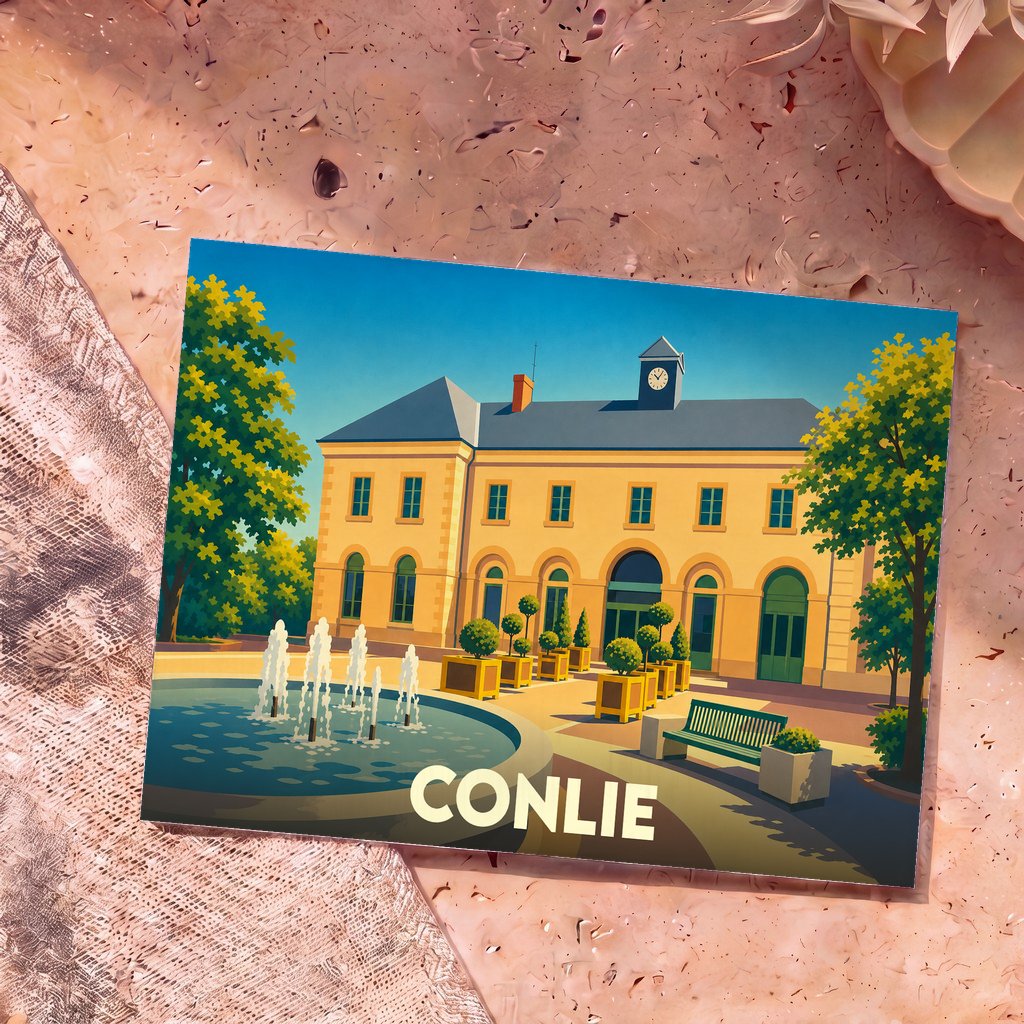 Carte postale souvenir de la ville de Conlie illustrant une place ensoleillée avec une fontaine et un bâtiment historique.