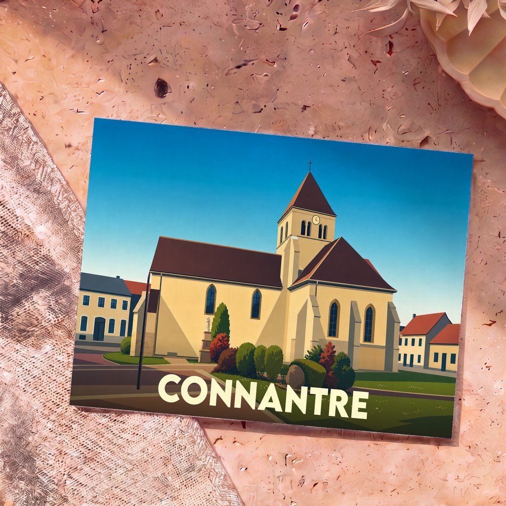 Carte postale souvenir de la ville de Connantre avec une illustration stylisée de son église.