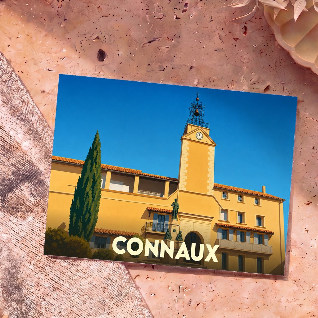 Carte postale souvenir de la ville de Connaux illustrant le clocher de la mairie sous un ciel bleu.