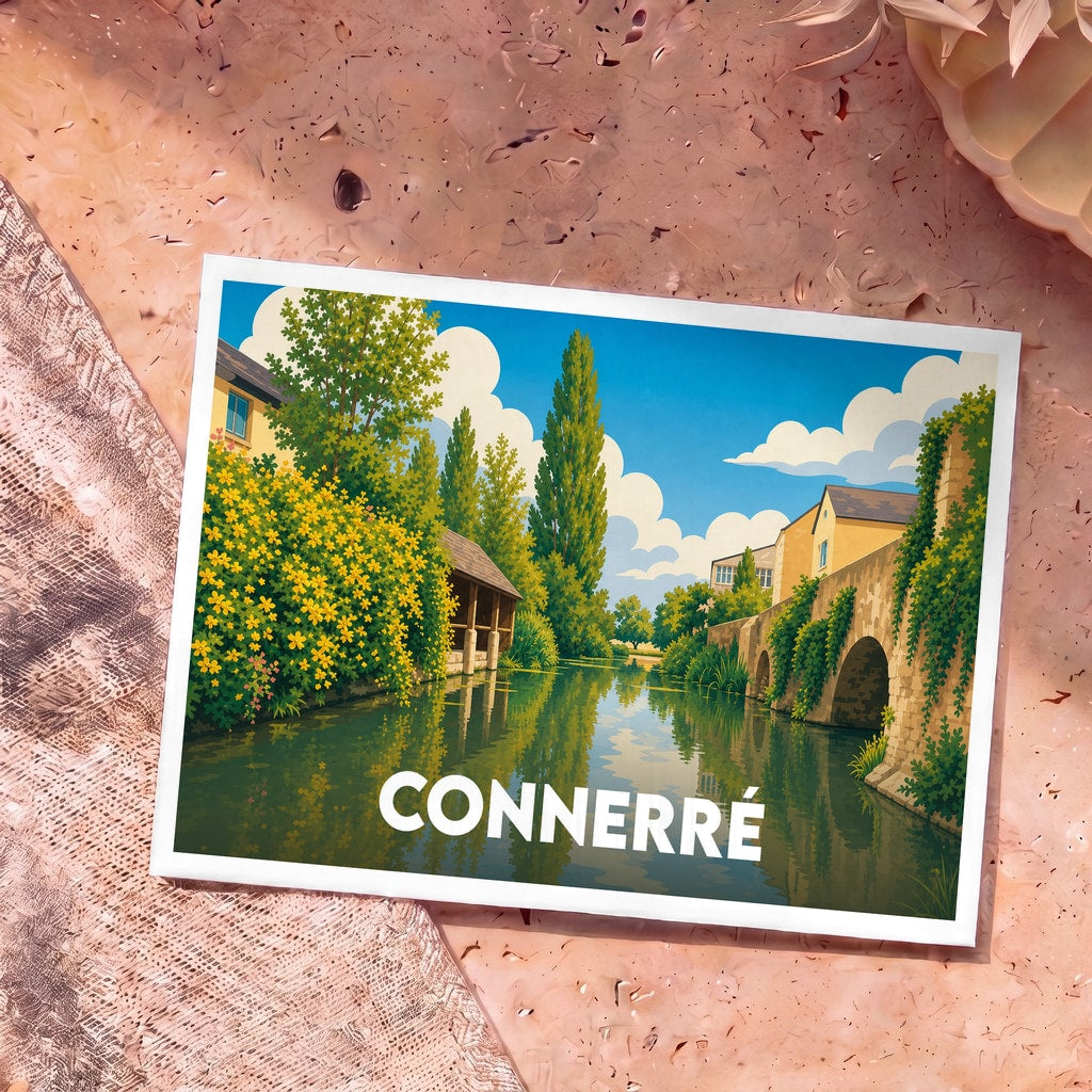 Carte postale souvenir de la ville de Connerré avec une illustration stylisée d'un cours d'eau bordé de verdure.