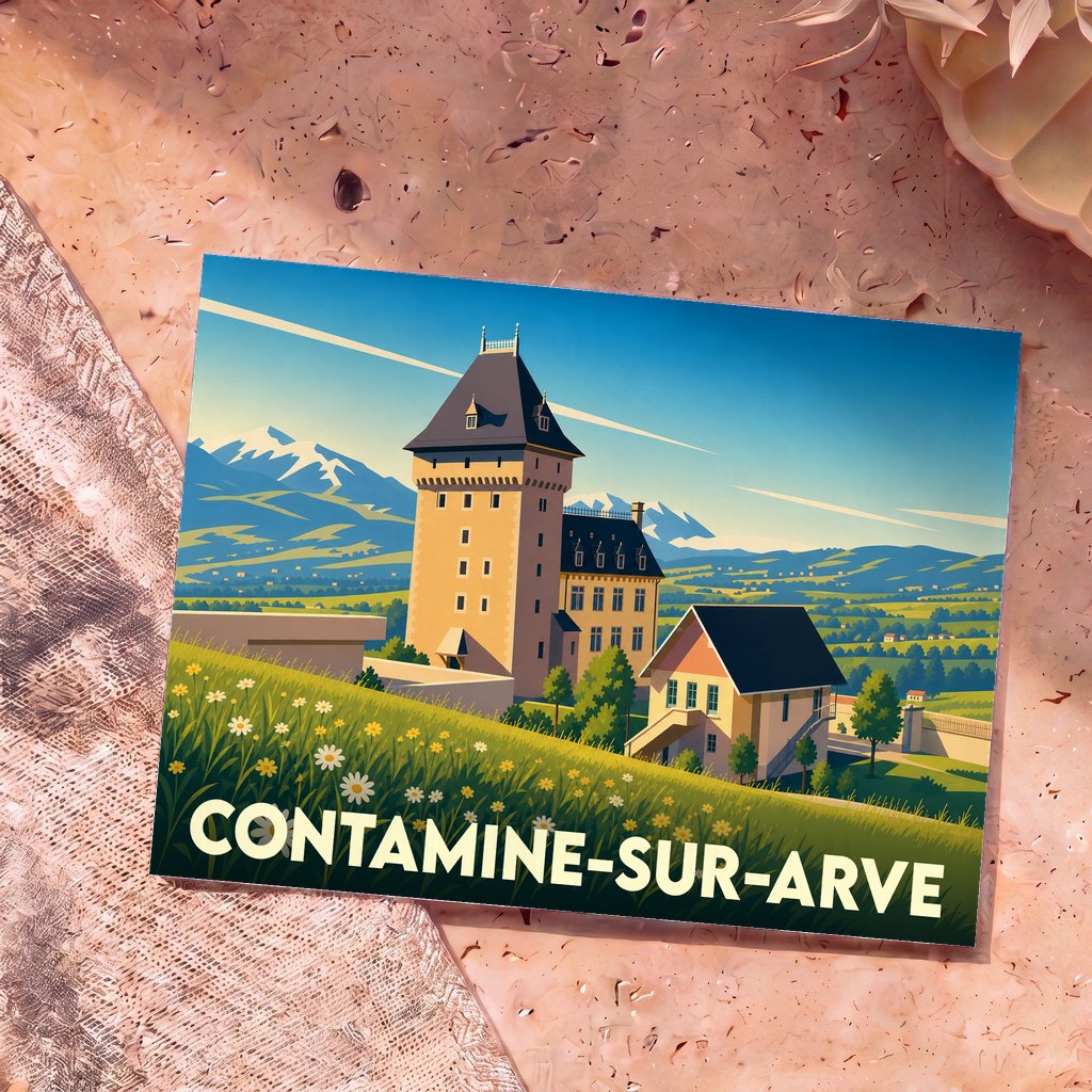 Carte postale souvenir de Contamine-sur-Arve illustrant son château et les montagnes environnantes dans un style rétro.