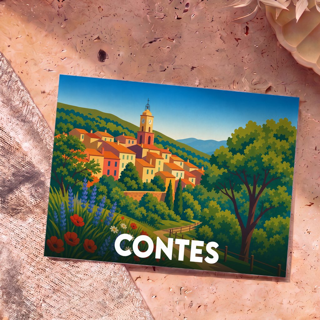 Carte postale souvenir de la ville de Contes avec une illustration stylisée d'un village provençal coloré.