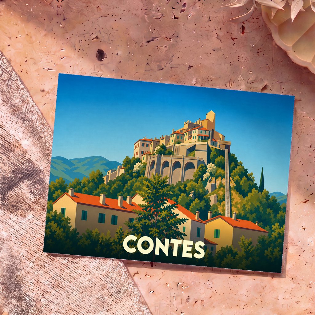 Carte postale souvenir de la ville de Contes avec une illustration stylisée d'un village perché.