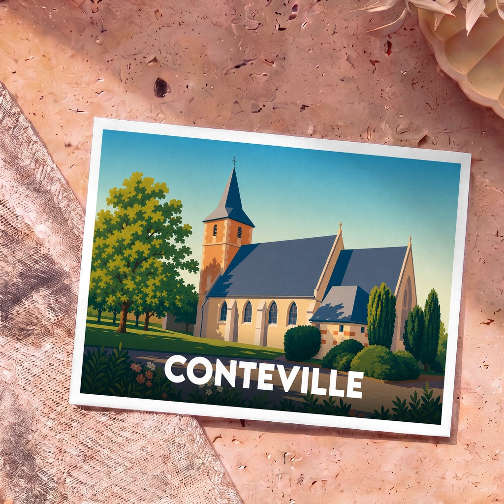 Carte postale souvenir de la ville de Conteville avec une illustration stylisée d'une église sous un ciel bleu.