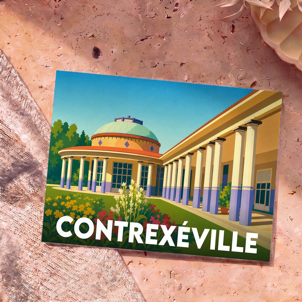 Carte postale souvenir de la ville de Contrexéville illustrant son architecture thermale emblématique dans un style graphique épuré.