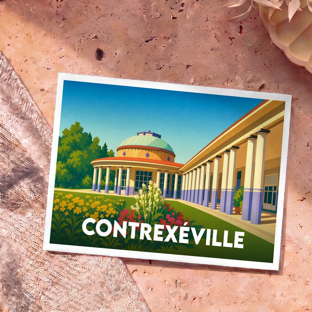 Carte postale souvenir de la ville de Contrexéville illustrant son architecture thermale emblématique dans un style graphique épuré.