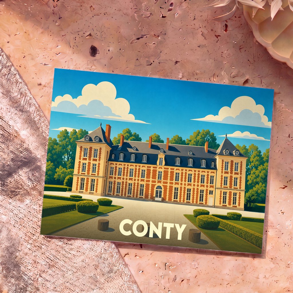 Carte postale souvenir de la ville de Conty avec une illustration stylisée de son château.
