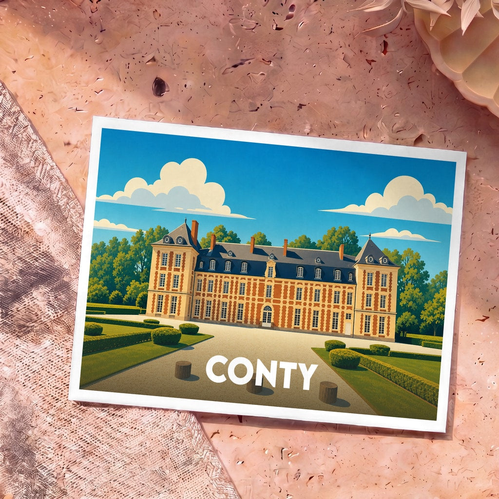 Carte postale souvenir de la ville de Conty avec une illustration stylisée de son château.