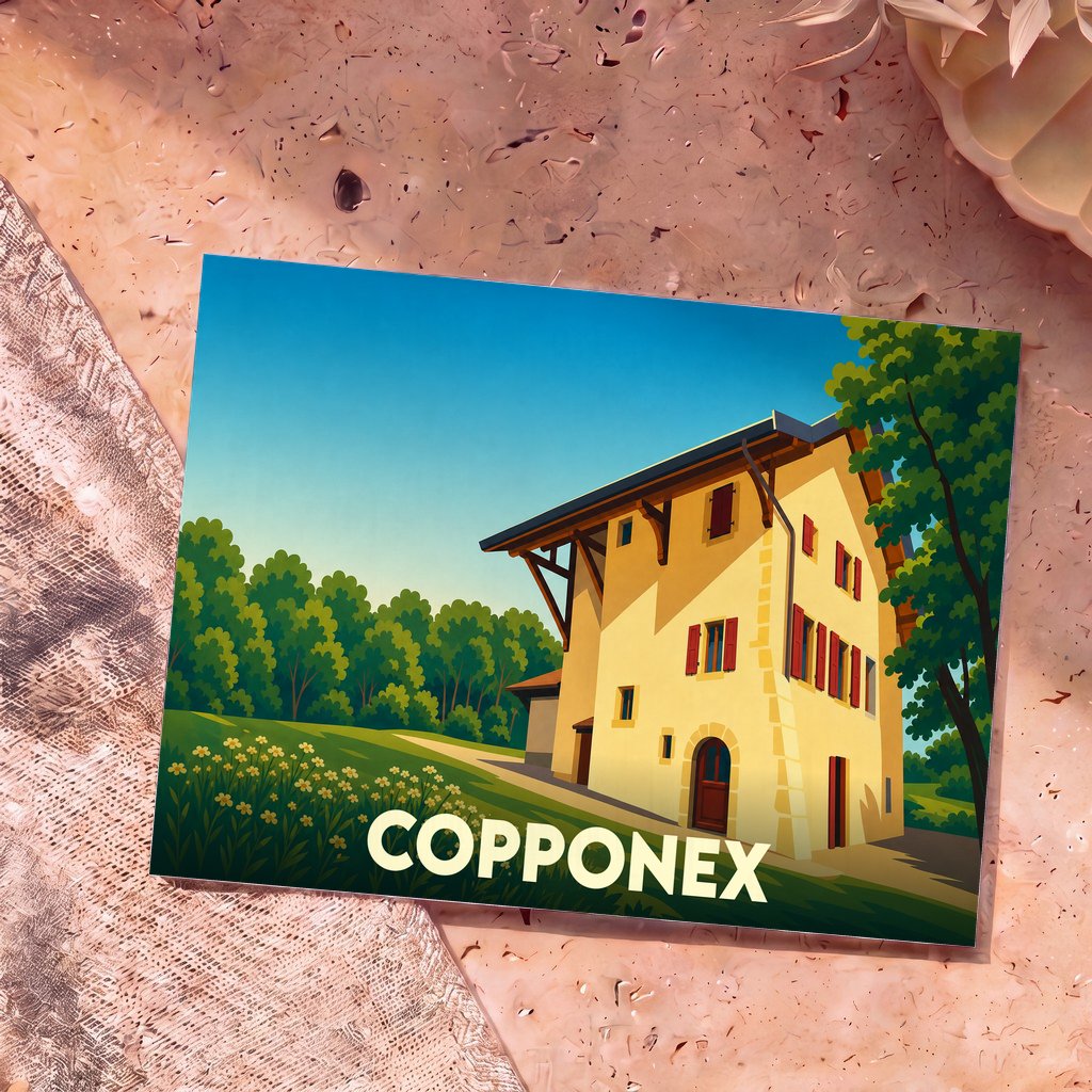 Carte postale souvenir de la ville de Copponex illustrée par une demeure traditionnelle stylisée dans un paysage verdoyant.