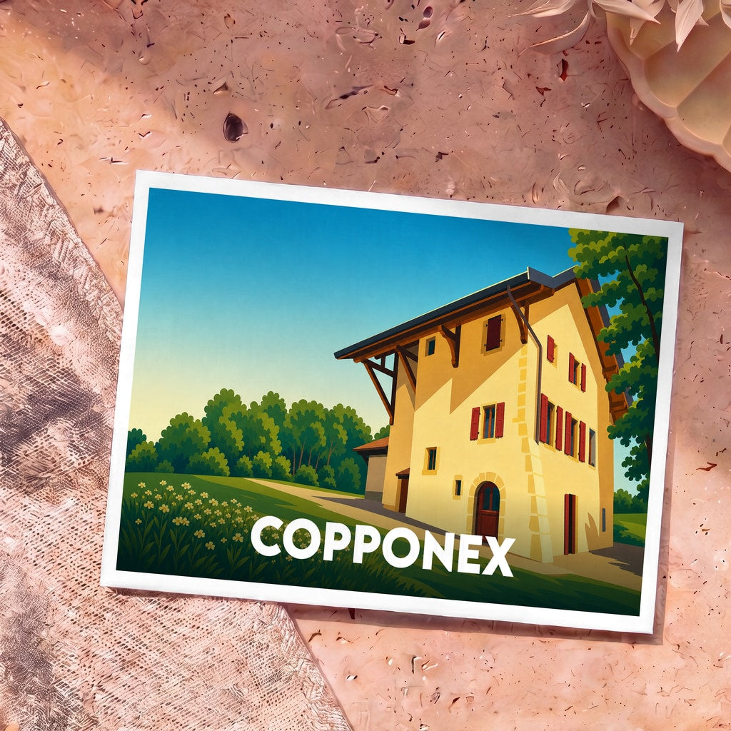Carte postale souvenir de la ville de Copponex illustrée par une demeure traditionnelle stylisée dans un paysage verdoyant.