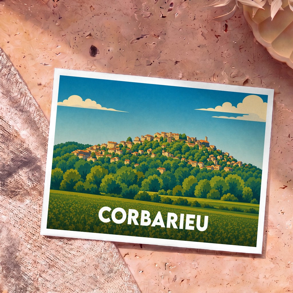 Carte postale souvenir de la ville de Corbarieu avec une illustration stylisée d'un village perché sur une colline verdoyante.