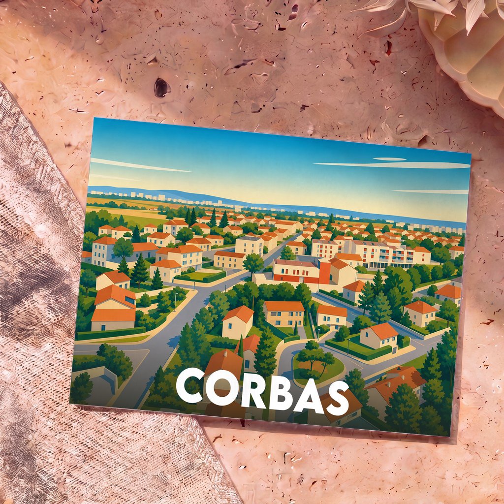 Carte postale souvenir de la ville de Corbas avec une illustration stylisée vue du ciel.