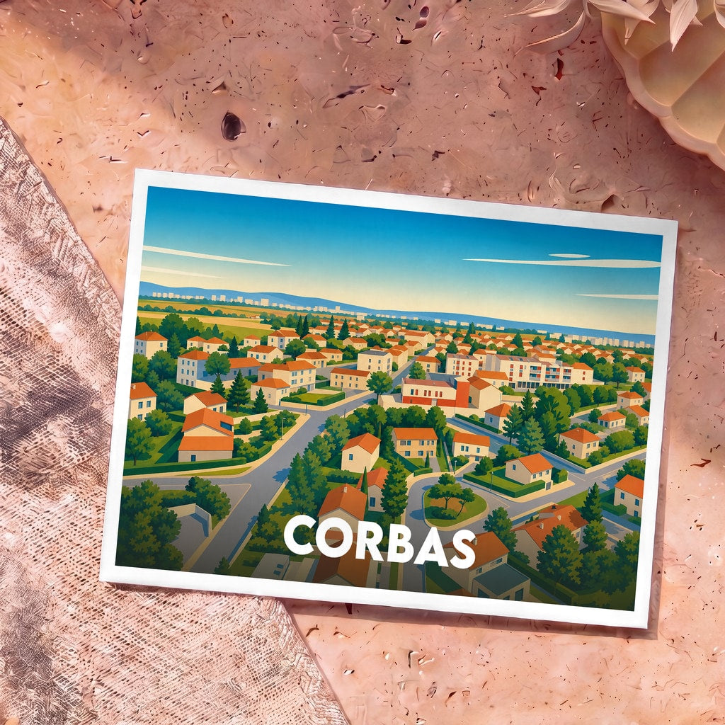 Carte postale souvenir de la ville de Corbas avec une illustration stylisée vue du ciel.