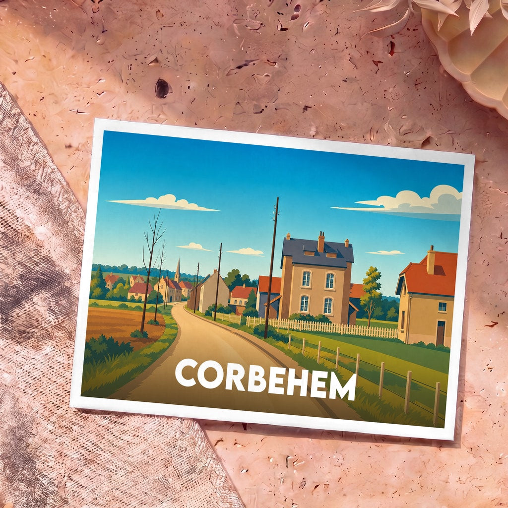 Carte postale souvenir de la ville de Corbehem avec une illustration stylisée d'un paysage de campagne.