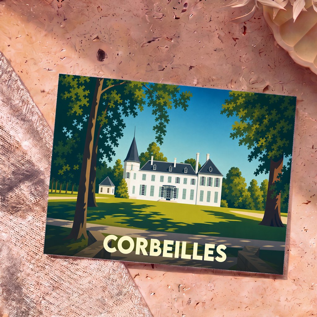 Carte postale souvenir de la ville de Corbeilles illustrant son château et son parc dans un style graphique épuré.