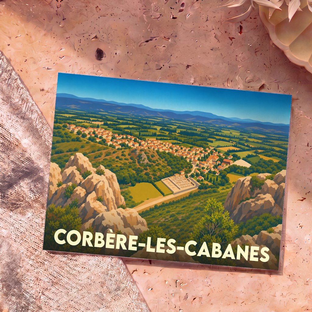 Carte postale souvenir de la ville de Corbère-les-Cabanes avec une illustration stylisée du village niché dans un paysage vallonné.