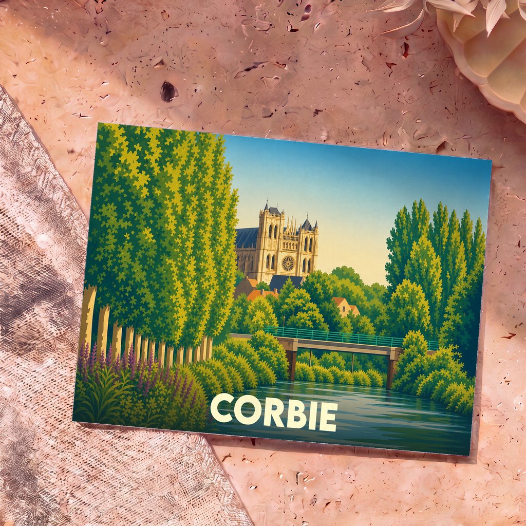 Carte postale souvenir de la ville de Corbie avec une illustration stylisée de son abbaye et de la Somme.