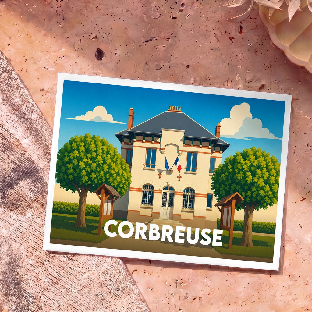 Carte postale souvenir de la ville de Corbreuse avec une illustration stylisée de sa mairie.